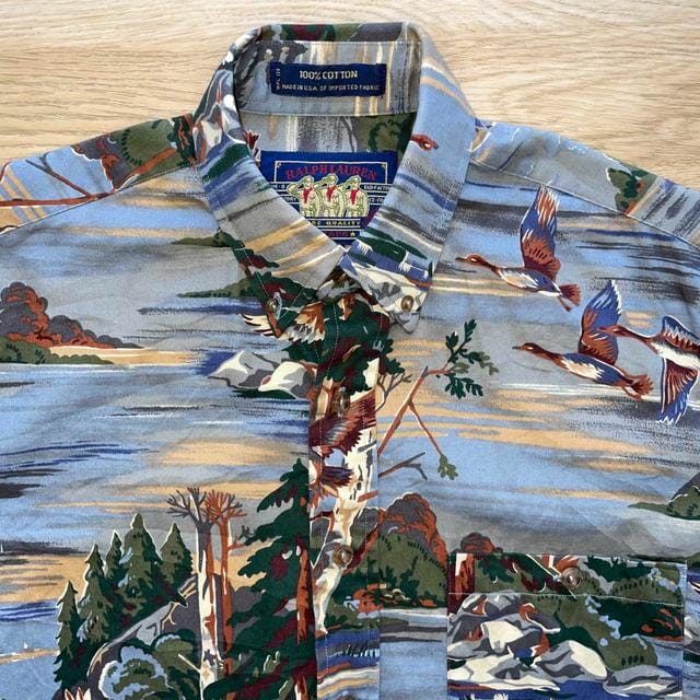 Vintage Ralph Lauren All Over Duck Hunt Print -  M Men's Green Grey