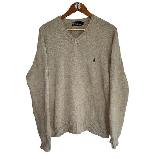 Vintage Polo Ralph Lauren Beige Cotton Knitted V-Neck Jumper, Size M Men's