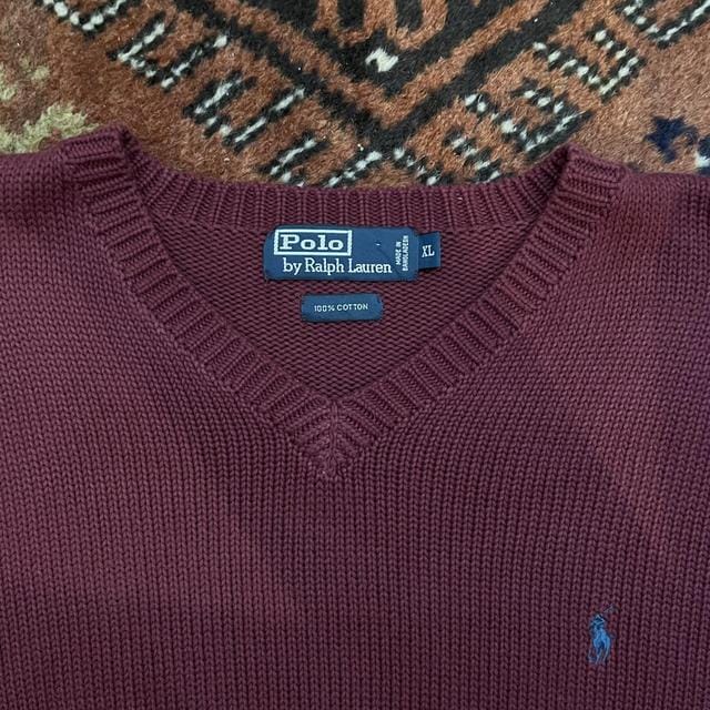 Maroon Knit V-neck Jumper -  L Men's Burgundy Red