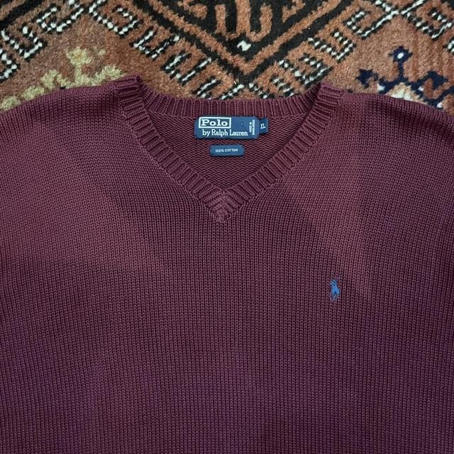 Maroon Knit V-neck Jumper -  L Men's Burgundy Red