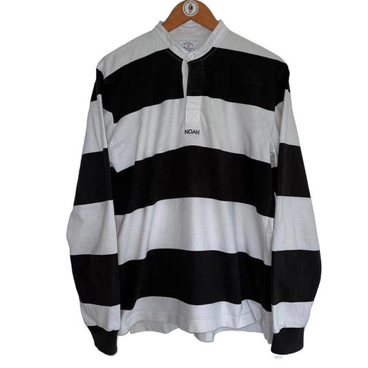 Noah Band Collar Striped Rugby Shirt, Black and White, Size M Men's