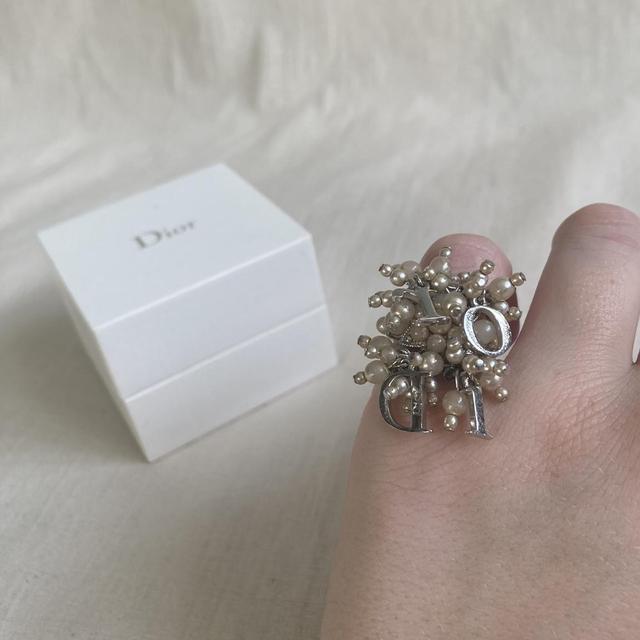 Gorgeous silver tone Dior dangle pearl ring with spellout Dior charms - Women's