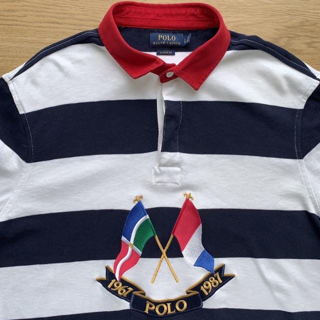 Rare Cross Flag Navy Striped Polo -  S Men's Polo Ralph Lauren Rugby Jersey Red