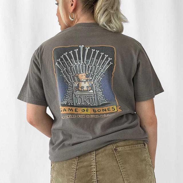 Grey Weird Fish graphic game of bones short sleeve T-shirt - M Men's