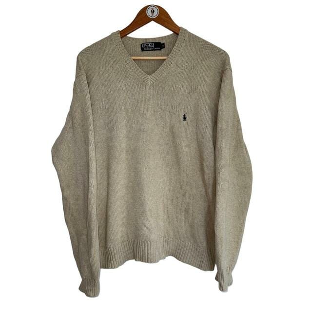 Vintage Polo Ralph Lauren Beige Cotton Knitted V-Neck Jumper, Size M - Men's