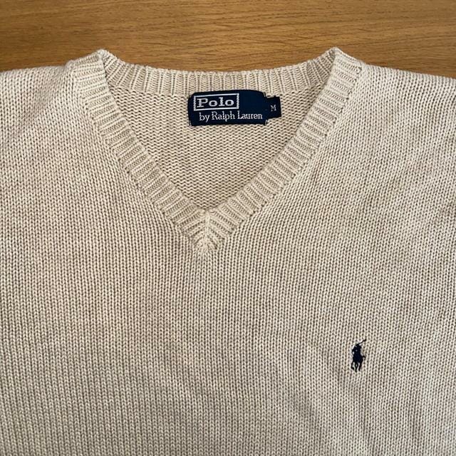 Vintage Polo Ralph Lauren Beige Cotton Knitted V-Neck Jumper, Size M - Men's