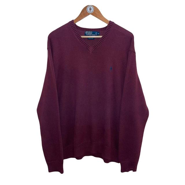 Maroon Knit V-neck Jumper -  L Men's Burgundy Red