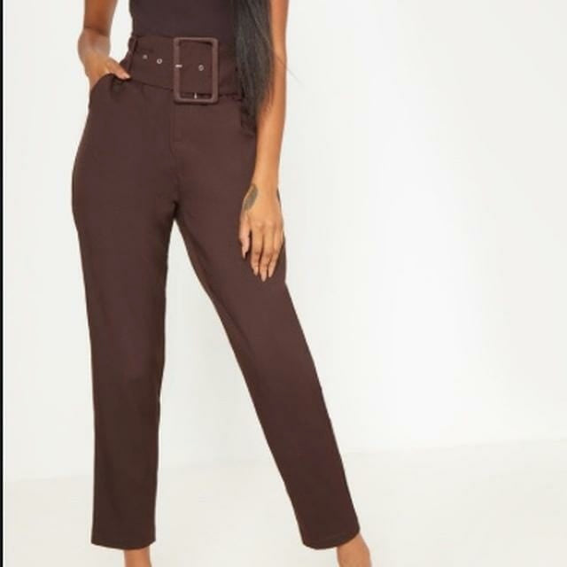 Chocolate brown pretty little thing high waist cigarette trouser with large belt. Worn