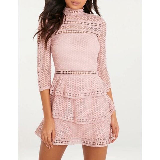 Pretty Little Thing dusty pink crochet skater dress with 3/4 sleeves. Worn twice,