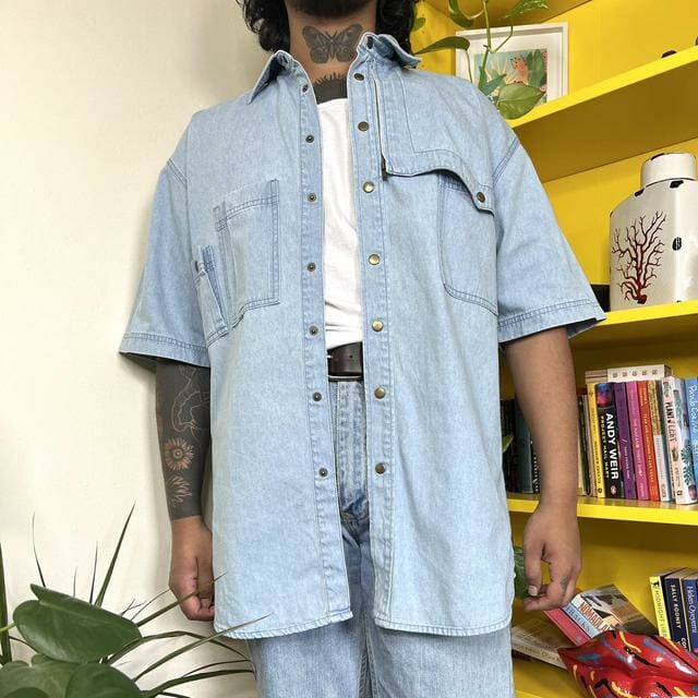 Vintage 90s denim short sleeve shirt - One size Men's Casual Shirt Blue