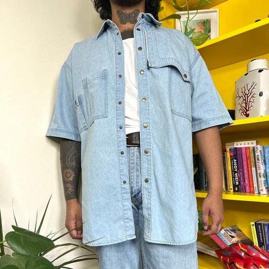 Vintage 90s denim short sleeve shirt - One size Men's Casual Shirt Blue