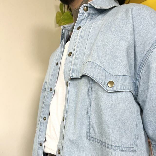 Vintage 90s denim short sleeve shirt - One size Men's Casual Shirt Blue