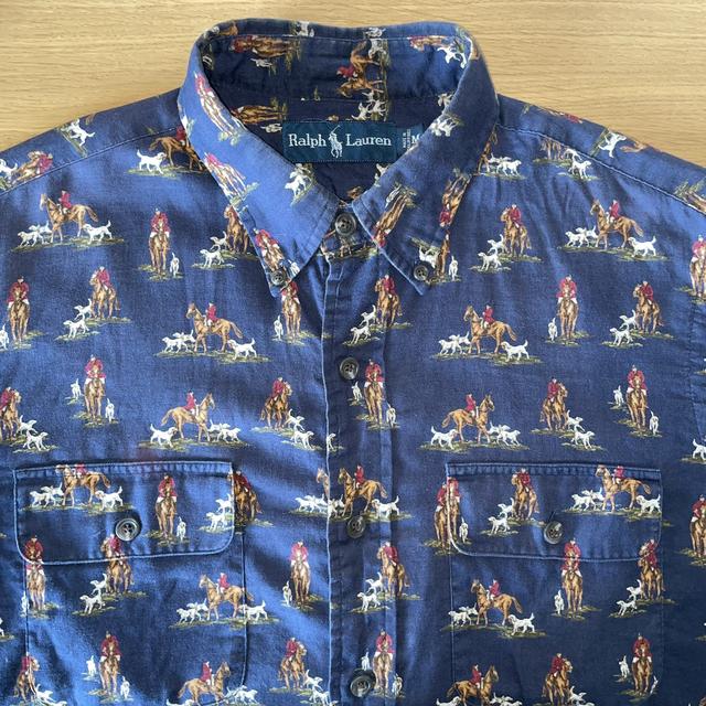 Very Rare 🐎  Polo Ralph Lauren Navy Fox Hunt Scene Shirt -  M Men's